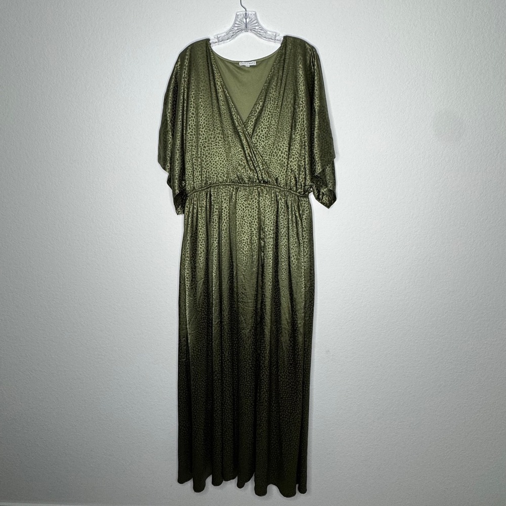 Baltic Born Olive Green Satin Maxi Dress Womens Size XXXL Kimono Sleeve Wrap